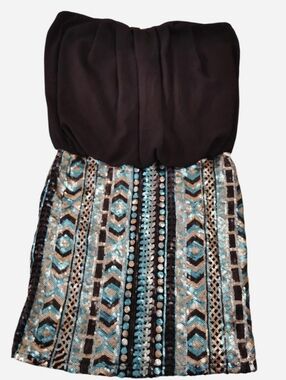Strapless Black and Teal Sequin Mini Dress